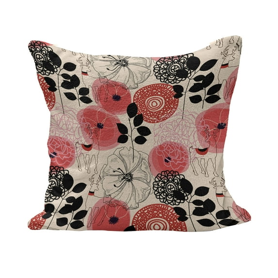 Floral Fluffy Throw Pillow Cushion Cover, Modern Abstract Big Circled Abstract Flowers Blossoms and Leaves Art Print, Decorative Square Accent Pillow Case, 36" x 36", Pink and Black, by Ambesonne