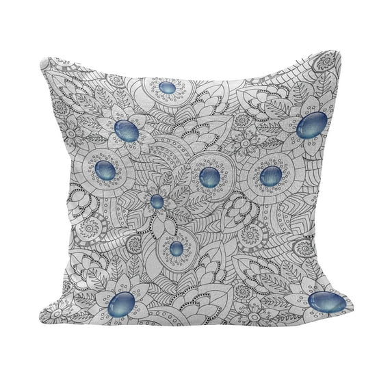 Floral Fluffy Throw Pillow Cushion Cover, Ornamental Hand Drawn Flowers and Leaves Blue Dots Doodle Pattern Abstract Art, Decorative Square Pillow Case, 26" x 26", Black White Blue, by Ambesonne