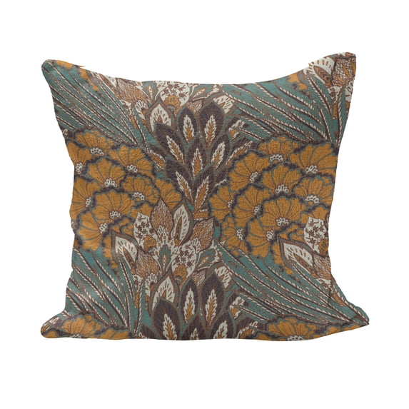 Floral Fluffy Throw Pillow Cushion Cover, Pattern of Flowers and Peacock Feathers Floral Arrangement Art, Decorative Square Accent Pillow Case, 36" x 36", Petrol Blue Pale Coffee, by Ambesonne