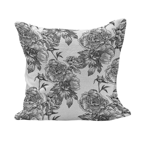 Floral Fluffy Throw Pillow Cushion Cover, Plant Blossom Spring Season Birth of Nature Monochrome Sketch Vintage Design, Decorative Square Accent Pillow Case, 36" x 36", Black Grey White, by Ambesonne