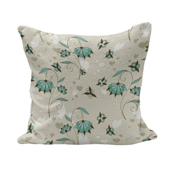 Floral Fluffy Throw Pillow Cushion Cover, Romantic with Little Hearts Swirled Stems with Blossoms Feminine Graphic, Decorative Square Pillow Case, 16" x 16", Turquoise Brown Beige, by Ambesonne