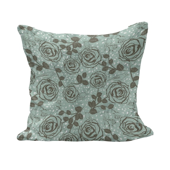 Floral Fluffy Throw Pillow Cushion Cover, Romantic Season Inspirations with Roses Birds on Tree Branches Summer Design, Decorative Square Pillow Case, 16" x 16", Seafoam Sage Green, by Ambesonne