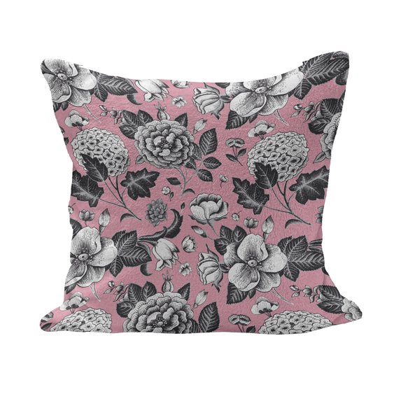 Floral Fluffy Throw Pillow Cushion Cover, Vintage Big Garden Flowers with Leaves Tulips Buds Art Sketchy Image, Rectangle Accent Pillow Case, 26" x 16", Coral Black and White, by Ambesonne
