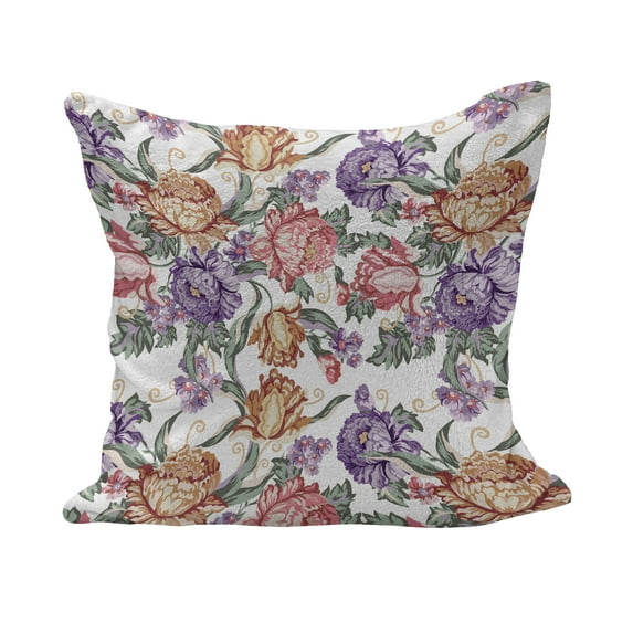 Floral Fluffy Throw Pillow Cushion Cover, Vintage Colorful Flowers and Curls on White Background Romantic Spring Pattern Print, Decorative Square Pillow Case, 16" x 16", Multicolor, by Ambesonne
