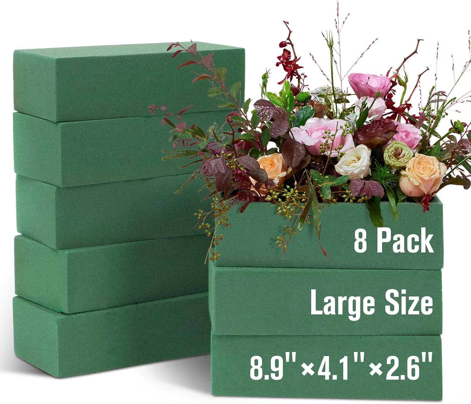 Floral Foam Blocks Pack of 8 Each (8.9" L x 4.1" W x 2.6" H) Wet Floral Foam for Fresh & Artificial Flower Arrangement, Plant Foam, Green Flower Foam for DIYs, Arts, Crafts & Weddings