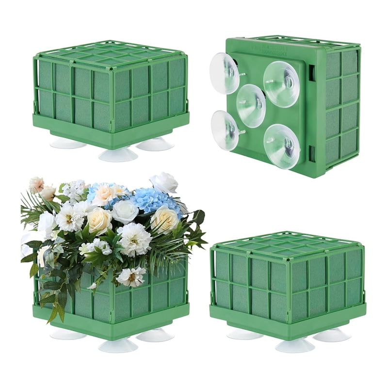 QWORK Floral Foam Cage - 4 Pack Square Flower Holder With Suction Cups | 4.3" X 4.3" X 3.5"