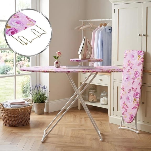 Floral Foldable Ironing Board, Adjustable Height Heavy Duty Ironing Table with Stable Legs for Home Dorm - Purple