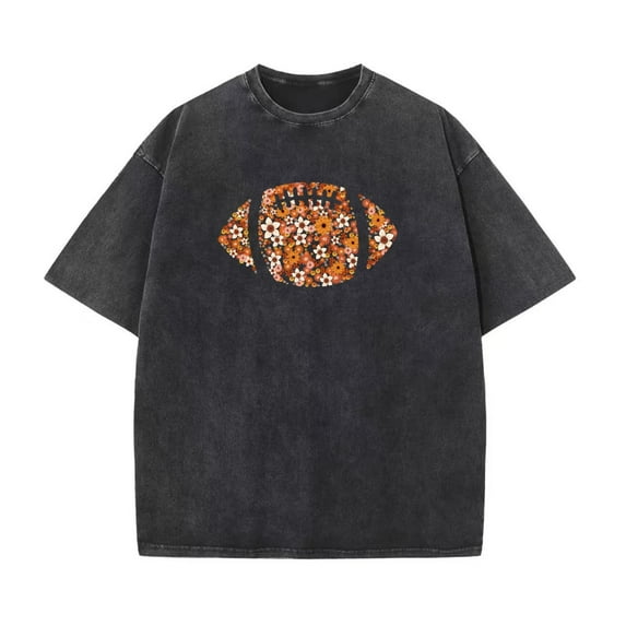 Womens Floral Football Graphic Tee Washed Vintage T Shirt Tops Round-neck long-sleeved Black S-2XL Plus Size