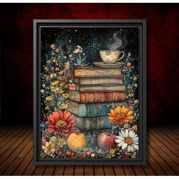 Floral For Book Lovers, Books Flowers And Coffee Still Life , Dark Academia Wall Art, Victorian For Reading Nook Unframed Paper Print