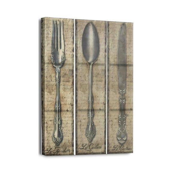 Floral Fork, Knife, Spoon Wall Decor Kitchen Set Canvas Art for Home Dining (12x16inch)