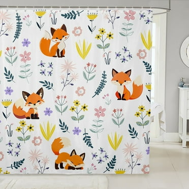 Floral Fox Bathroom Curtain for Home Stalls,Cartoon Animal Shower Curtain 72"Wx72"L inch,Blossom Kawaii Fabric Shower Curtain,Farm Flower Waterproof Bathroom Curtains