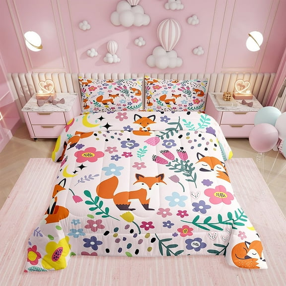 Floral Fox Comforter Full Size,Pink Fox Comforter Set Teens , Bedding Set Printed Comforter with 2 Pillowcases,Down Alternative,(Pink锛孎ull Size)