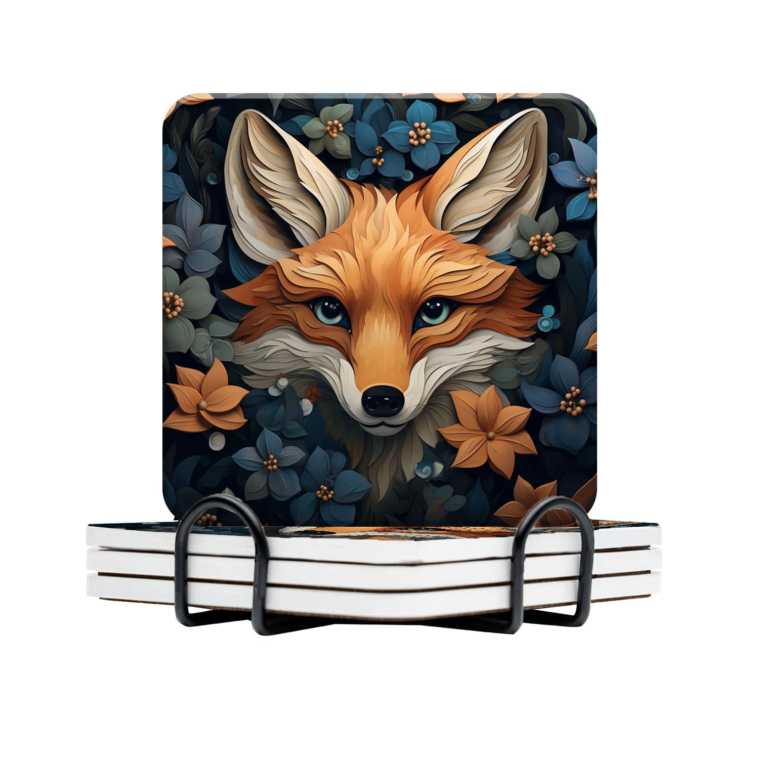 Floral Fox Flower Vintage Picture Drink Coasters with Holder,NonSlip