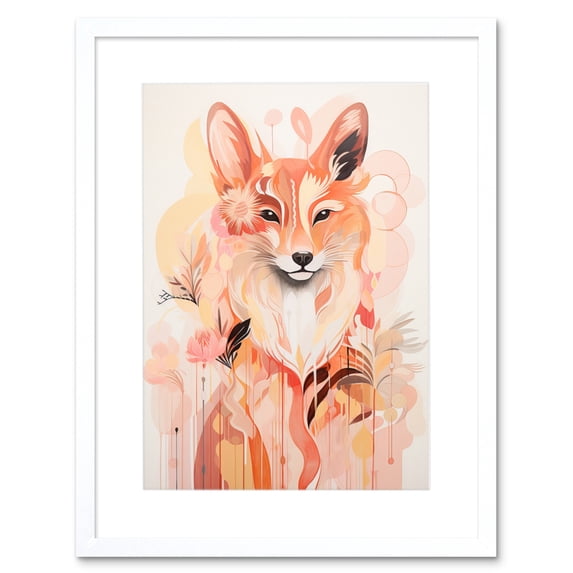 Floral Fox Spirit Animal Boho Calm Pastel Colour Artwork Orange Pink Abstract Woodland Creature Flowers Artwork Framed Wall Art Print 9X7 Inch