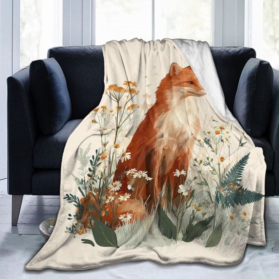 Floral Fox Throw Blanket - Cottagecore Wildflower Art, Soft Flannel Fleece, Botanical Nature Decor for Women & Young Adults 50x40
