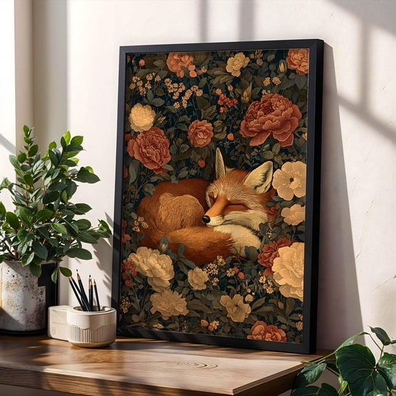 Floral Fox Vintage Animal Art Cozy Woodland Cottagecore Fox For Nature Art Poster , Poster Print Only