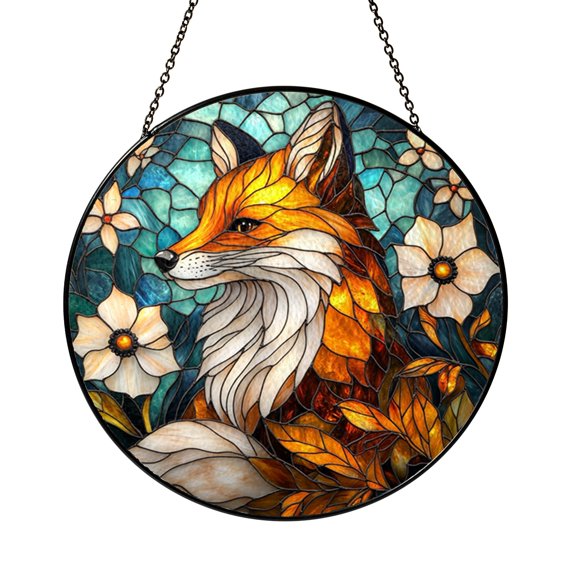 Floral Fox Window Hanging, Stained Glass Inspired Woodland Decor for Nature Themed Room Decoration