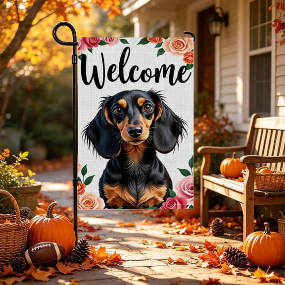 Floral Frame Dachshund Welcome Yard Flag,12x18 inch,Polyester,Courtyard Seasonal Outdoor Decor