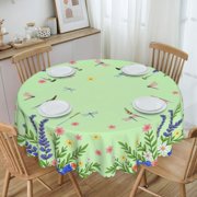 Floral Frame With Dragonflies Round Tablecloth Polyester Waterproof & Washable 60" Table Cloth Indoor and Outdoor for Kitchen Dining Party Picnic Table Cover