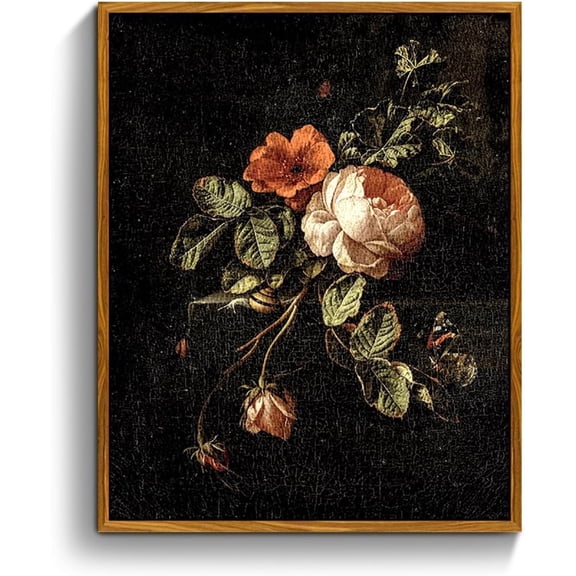 Floral Framed Wall Art, Flower Vintage Botanical Prints, Moody Rose Butterfly Canvas Pictures, Dark Academia Mid Century Modern Home Wall Decor for Bedroom Kitchen Office Desktop 8x10in