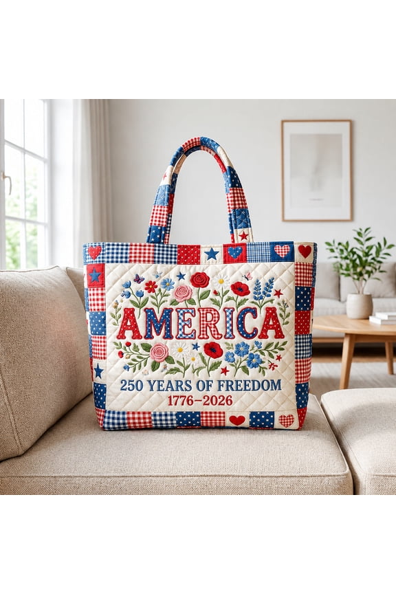 Floral Freedom Quilted Tote Bag, Large Shoulder Bag for Shopping, Travel and Daily Essentials