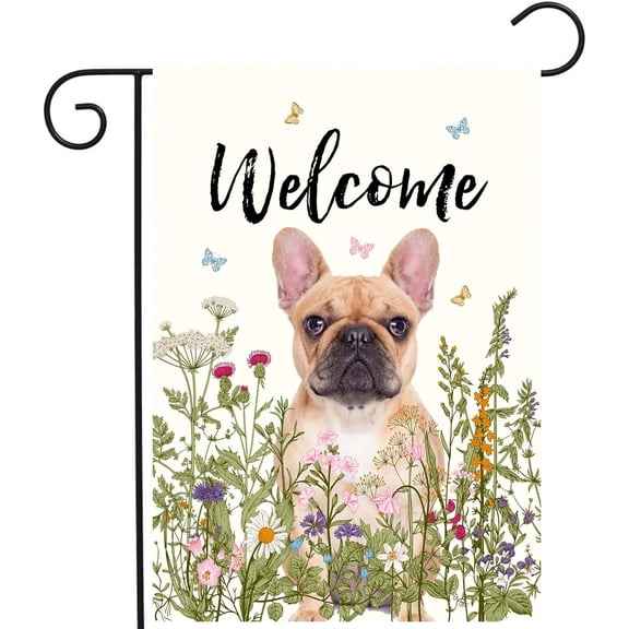 Floral French Bulldog Garden Flag Spring Summer Yard Flag Flower Dog Garden Flags for Outside Small Outdoor Welcome Flags 12x18 Double Sided