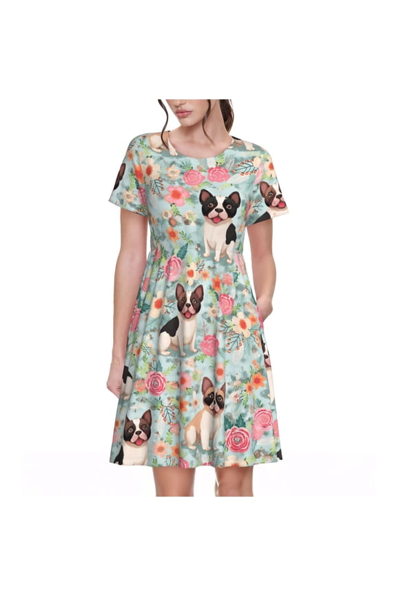 Floral French Bulldog Pattern Women's Dresses Short Sleeve Nightdresses for Summer