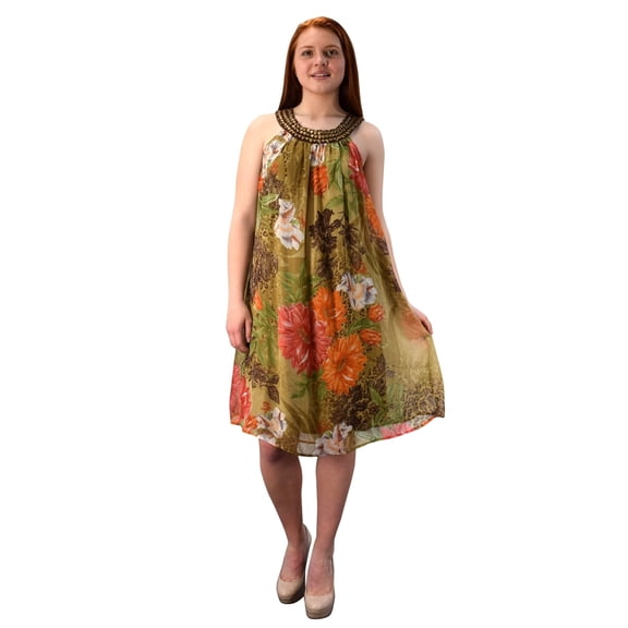 Floral Frock Midi Dress Embellished Tunic Neckline (Large, Olive Green)