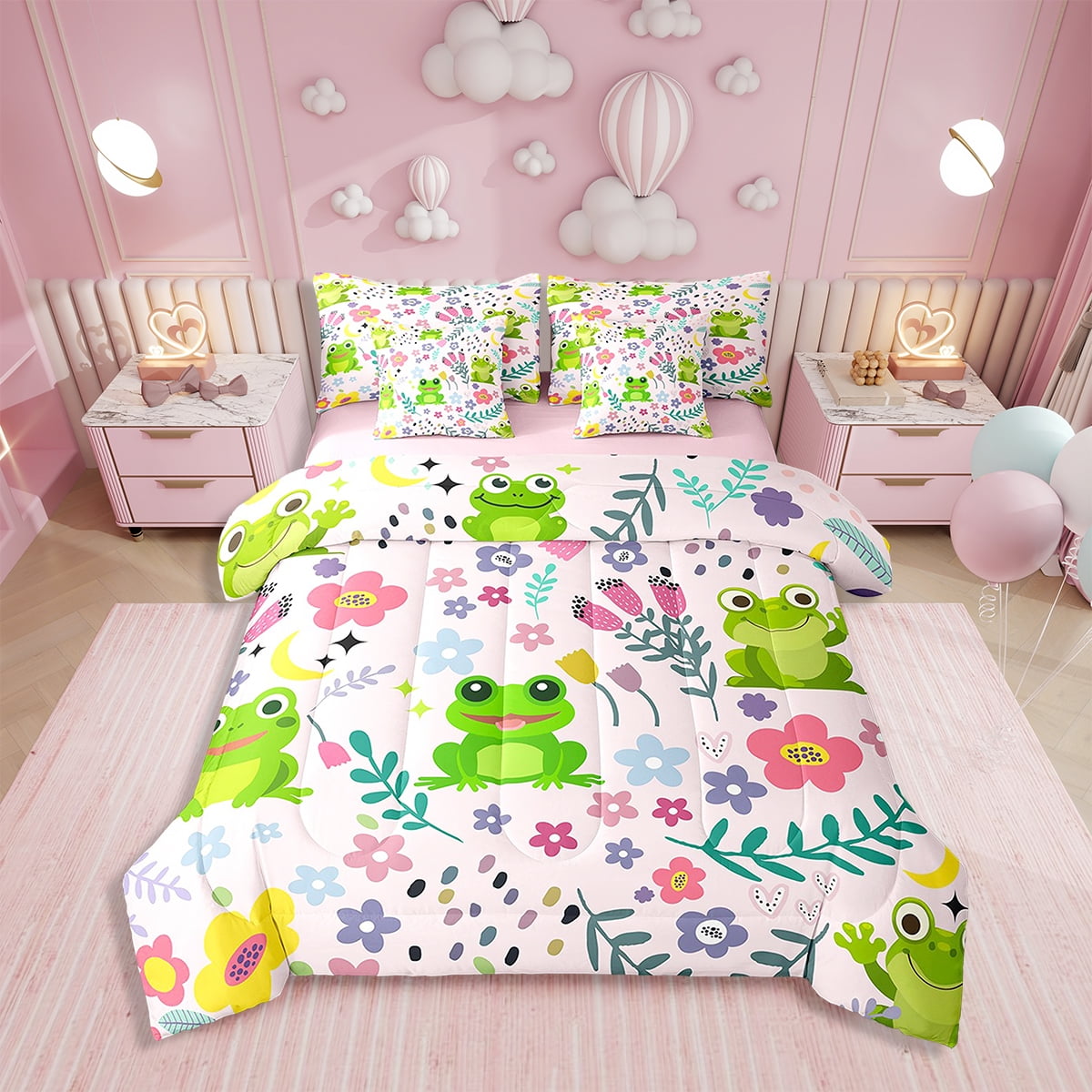 Floral Frog Bedding 7PCS Full Size Comforter Sets Cartoon Flower ...