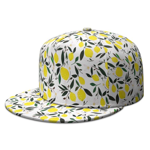 Floral Fruit Cap - Lemon & Flowers Pattern Adjustable Snapback, Cute Summer Aesthetic