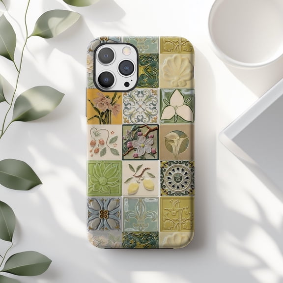 Floral Fruit Tile Mosaic Tough Phone Case for iPhone - Botanical Ceramic Art Print, Dual-Layer Protective Cover