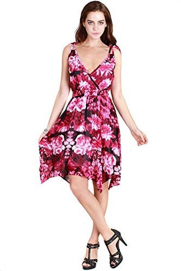 Floral Fuchsia Deep V-Neck Asymmetric Tie Shoulder Fashion Dress - S