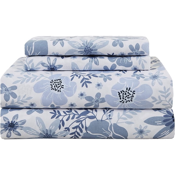 Floral Full Bed Sheets, Soft Microfiber Printed Bedding Sheets & Pillowcases, Deep Pocket Non-Slip Vintage Full Sheet, Purple Yellow Flower Pattern Bedsheets