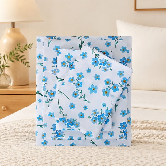 Floral Full Sheet Set - 4 Piece Blue Flower Pattern Bed Sheets - Soft, Breathable Microfiber with Deep Pocket, Fitted Sheets & Pillowcases