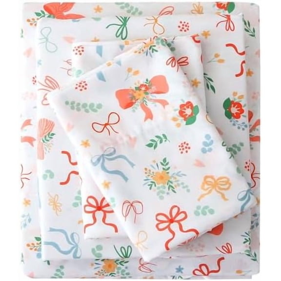 Floral Full Sheet Set - 4 Piece Bowknot Printed and Vintage Flower Patterned Bed Sheets - Soft, Breathable Microfiber Sheets with Deep Pocket, Non-Slip Fitted Sheets & Pillowcases
