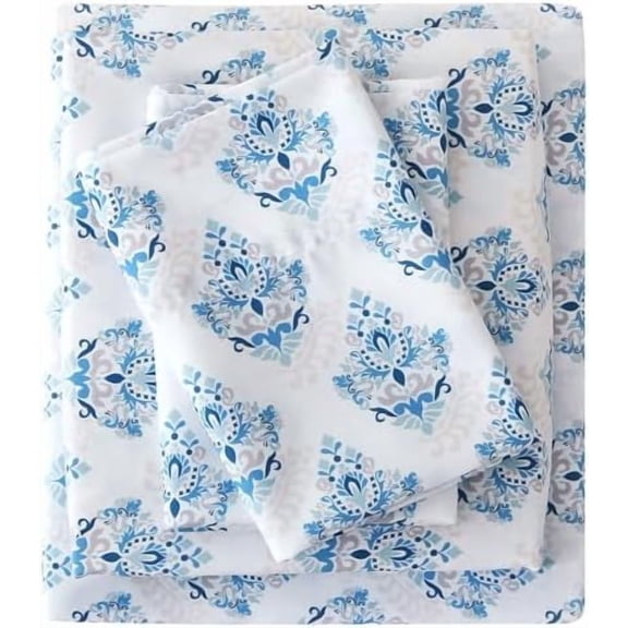 Floral Full Sheet Set - 4 Piece Ikat Flowers Printed, Aztec Style Damask Patterned Bed Sheets - Soft, Breathable Microfiber Sheets with Deep Pocket, Non-Slip Fitted Sheets & Pillowcases