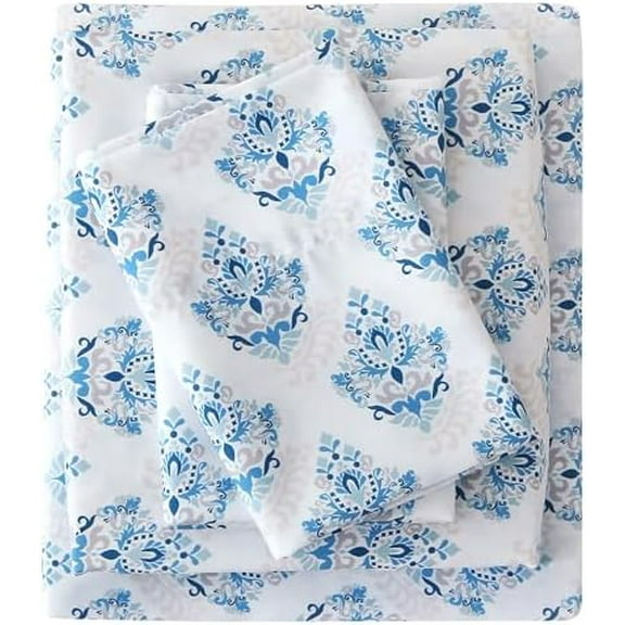 Floral Full Sheet Set - 4 Piece Ikat Flowers Printed, Aztec Style Damask Patterned Bed Sheets - Soft, Breathable Microfiber Sheets with Deep Pocket, Non-Slip Fitted Sheets & Pillowcases