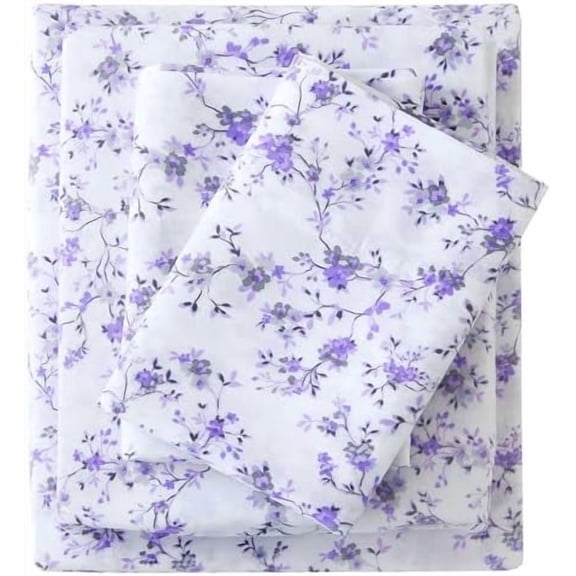 Floral Full Sheet Set - 4 Piece Purple Lavender Botanical Patterned Bed Sheets - Soft, Breathable Microfiber Sheets with Deep Pocket, Non-Slip Fitted Sheets & Pillowcases