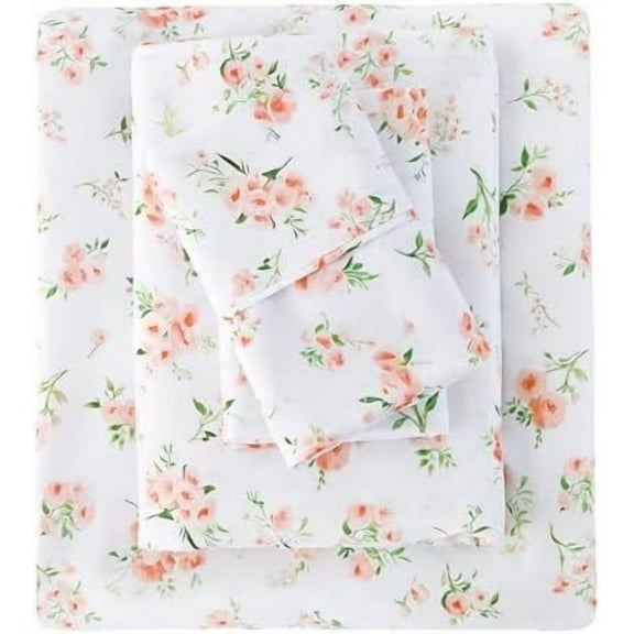 Floral Full Sheet Set - 4 Piece Vintage Pink Flower and Leaves Patterned Bed Sheets - Soft, Breathable Microfiber Sheets with Deep Pocket, Non-Slip Fitted Sheets & Pillowcases