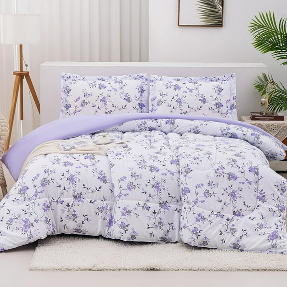 Floral Full Size Comforter Sets, Lightweight Purple Lavender Botanical Printed Bedding for All Seasons, 3-Piece Vintage Bed in a Bag with Fluffy Quilted Reversible Comforter & 2 Pillow Shams