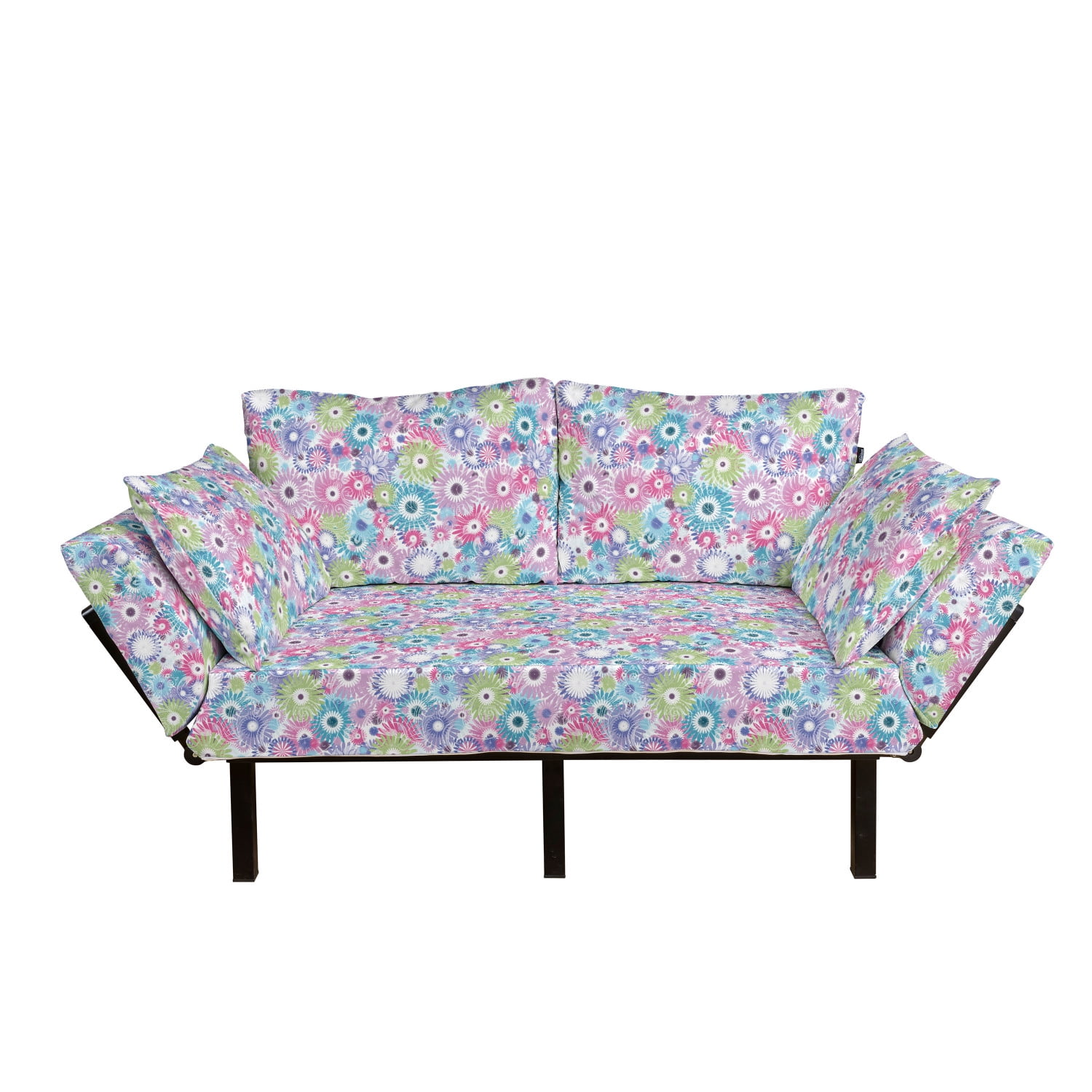 Floral Futon Couch, Colorful Pastel Pattern with Flowers and Vintage