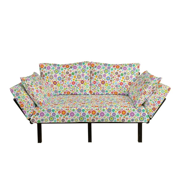 Floral Futon Couch, Flowers Peace Hippie Style Flourishing Blooms Petals Beauty Cheerful Season, Daybed with Metal Frame Upholstered Sofa for Living Dorm, Loveseat, Multicolor, by Ambesonne