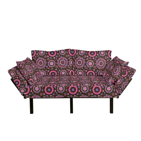 Floral Futon Couch, Hippie Style Flourishing Flowers with Abstract Colorful Circles Pattern, Daybed with Metal Frame Upholstered Sofa for Living Dorm, Loveseat, Chocolate Pink Purple, by Ambesonne
