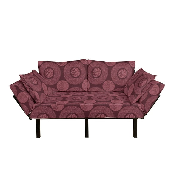 Floral Futon Couch, Mandala Motif Inspired Oriental Round Flower Petals Leaves Ethnic Folk, Daybed with Metal Frame Upholstered Sofa for Living Dorm, Loveseat, Dark Fuchsia Dried Rose, by Ambesonne