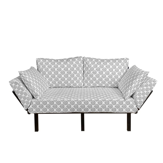Floral Futon Couch, Tree Pattern with Leaves Inside Circles Monochrome Mother Earth Illustration, Daybed with Metal Frame Upholstered Sofa for Living Dorm, Loveseat, Grey White, by Ambesonne