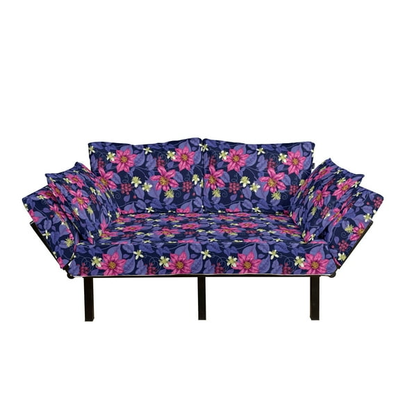 Floral Futon Couch, Tropicana Orchids Rainforest Wilderness Style Hawaiian Seascape Theme, Daybed with Metal Frame Upholstered Sofa for Living Dorm, Loveseat, Violet Magenta Indigo, by Ambesonne