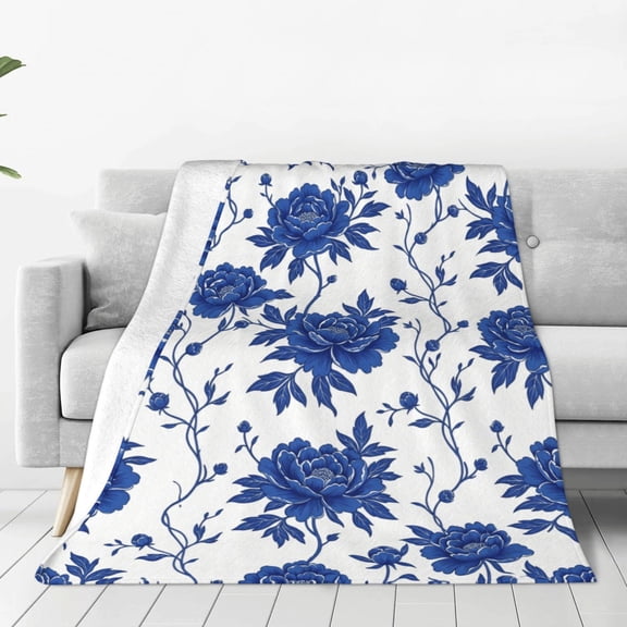 Floral Fuzzy Blanket Blue Flower Throw Blanket Decorative Soft Cozy Flannel Blanket for Home Bed Sofa Couch Chair 50x40