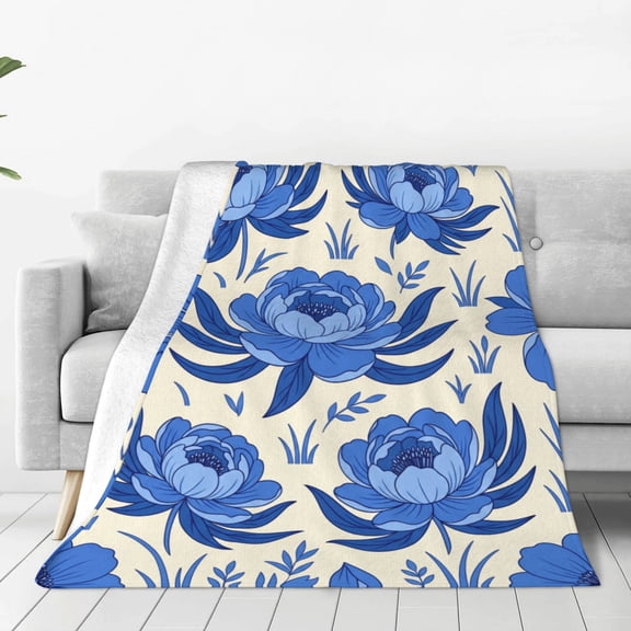 Floral Fuzzy Blanket Blue Flower Throw Blanket Decorative Soft Cozy Flannel Blanket for Home Bed Sofa Couch Chair 50x40