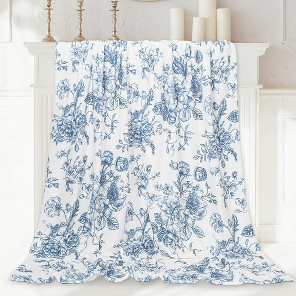 Floral Fuzzy Blanket Blue Flowers Throw Blanket Decorative Soft Cozy Flannel Blanket for Home Bed Sofa Couch Chair, 60 x 50 Inch