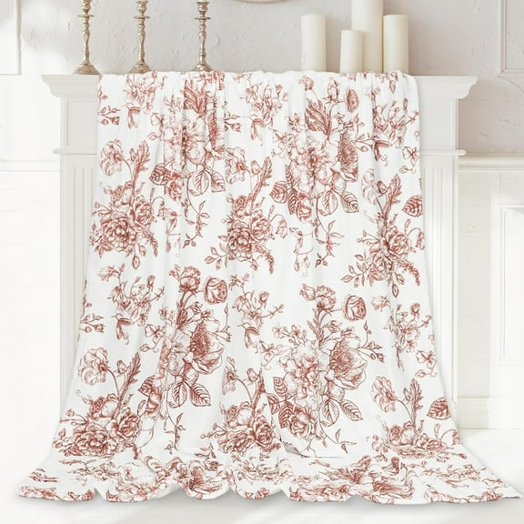 Floral Fuzzy Blanket Burnt Orange Flower Throw Blanket Vintage Chinoiserie Soft Cozy Flannel Blanket for Home Bed Sofa Couch Chair, 50 x 60 Inch